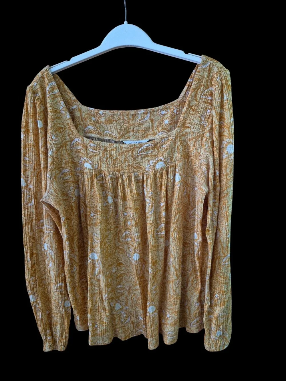 Lucky Brand Mustard Floral Smocked Square-Neck Blouse - Picture 2 of 9